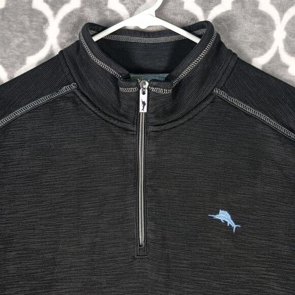 Tommy Bahama Pullover Sweater Mens Large Black Quarter Zip Marlin Logo Casual - Picture 1 of 11
